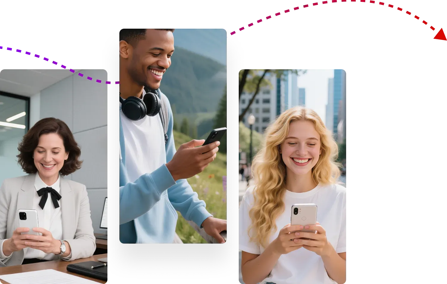Multiple users use their mobile phones in different scenarios and communicate with each other with smiles, symbolizing the safe Internet experience and cross-regional sharing and interaction brought by the ad-blocking browser.
