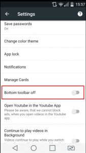 Free Adblocker Browser settings menu with Bottom toolbar off