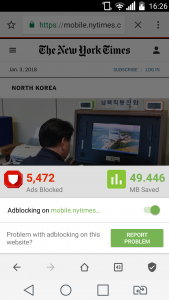 The image shows how to report a problem in Free Adblocker Browser